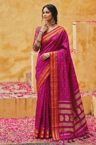 the emerald empress: magenta soft silk blend saree with rich crimson red zari border