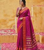 the emerald empress: magenta soft silk blend saree with rich crimson red zari border