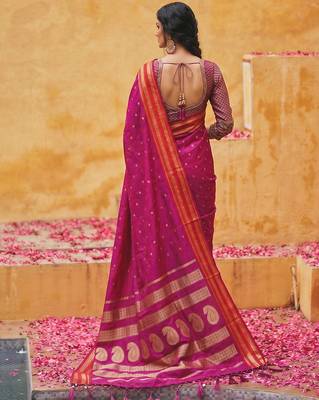 the emerald empress: magenta soft silk blend saree with rich crimson red zari border 2