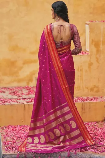 the emerald empress: magenta soft silk blend saree with rich crimson red zari border