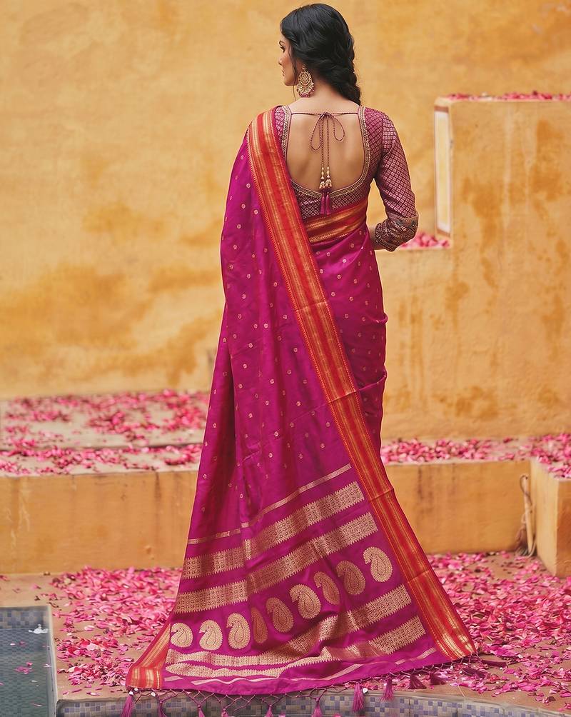 the emerald empress: magenta soft silk blend saree with rich crimson red zari border