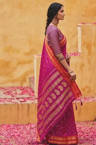 the emerald empress: magenta soft silk blend saree with rich crimson red zari border