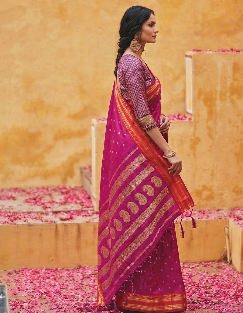 the emerald empress: magenta soft silk blend saree with rich crimson red zari border