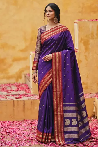 the majestic amethyst: royal blue soft silk blend saree with contrast red zari border