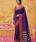 the majestic amethyst: royal blue soft silk blend saree with contrast red zari border