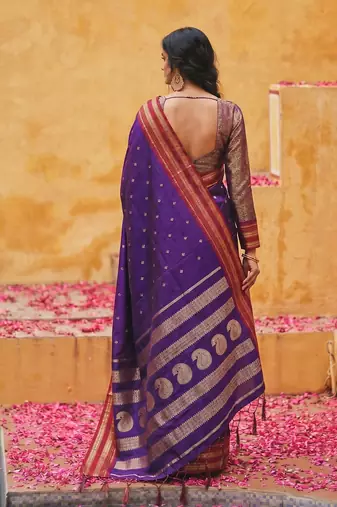 the majestic amethyst: royal blue soft silk blend saree with contrast red zari border