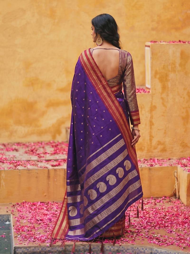 the majestic amethyst: royal blue soft silk blend saree with contrast red zari border