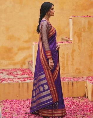 the majestic amethyst: royal blue soft silk blend saree with contrast red zari border 3