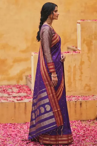 the majestic amethyst: royal blue soft silk blend saree with contrast red zari border