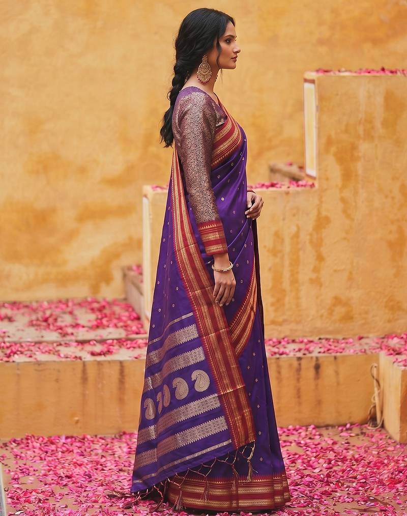 the majestic amethyst: royal blue soft silk blend saree with contrast red zari border