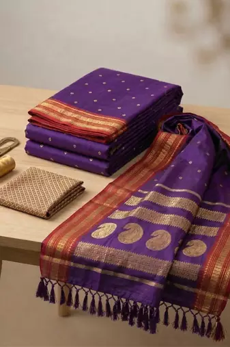 the majestic amethyst: royal blue soft silk blend saree with contrast red zari border
