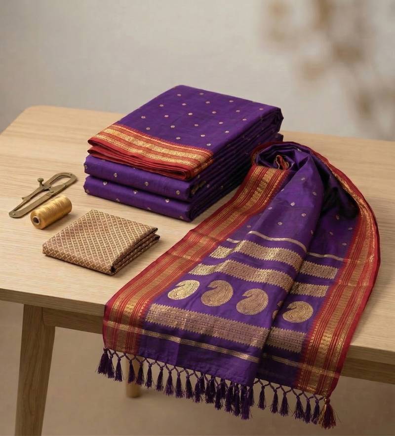 the majestic amethyst: royal blue soft silk blend saree with contrast red zari border