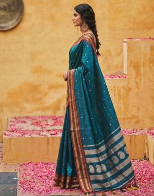 the peacock hue: teal blue soft silk blend saree with contrast red zari border 3