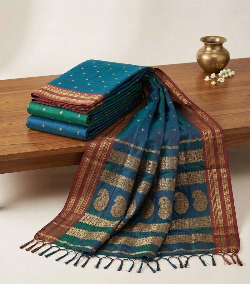 the peacock hue: teal blue soft silk blend saree with contrast red zari border