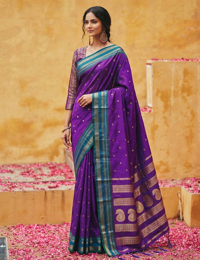 the violet soft silk blend saree with contrast green zari border