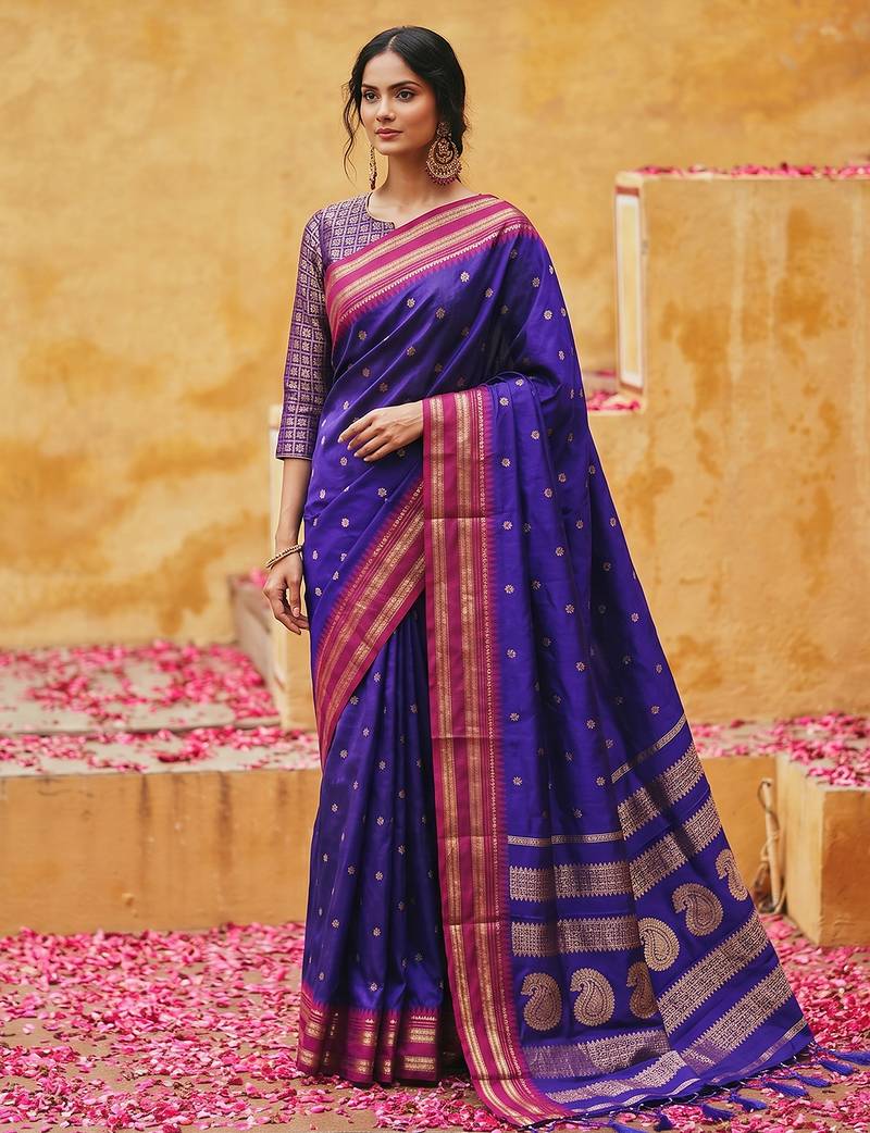 the blue soft silk blend saree with contrast red zari border