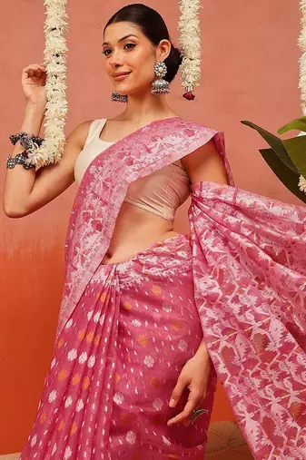 Pink woven cotton blend traditional saree with blouse piece