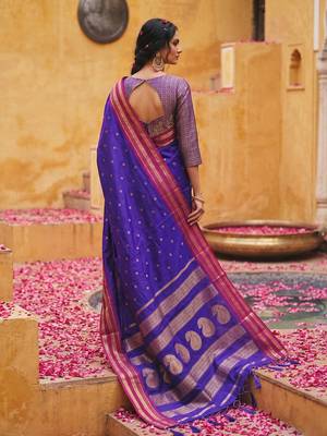 the blue soft silk blend saree with contrast red zari border 2