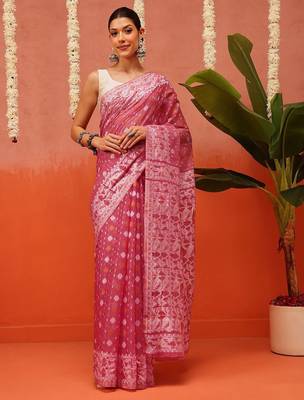Pink woven cotton blend traditional saree with blouse piece 2