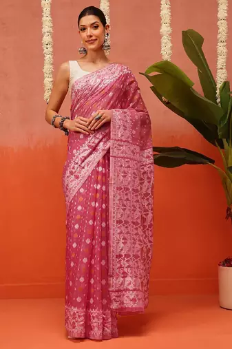 Pink woven cotton blend traditional saree with blouse piece