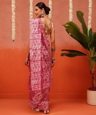 Pink woven cotton blend traditional saree with blouse piece 3