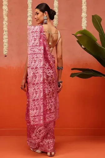 Pink woven cotton blend traditional saree with blouse piece