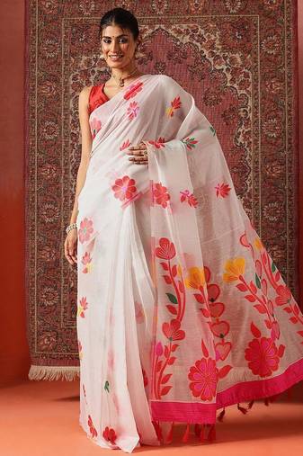 White printed cotton blend ethnic saree with blouse piece