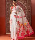 White printed cotton blend ethnic saree with blouse piece