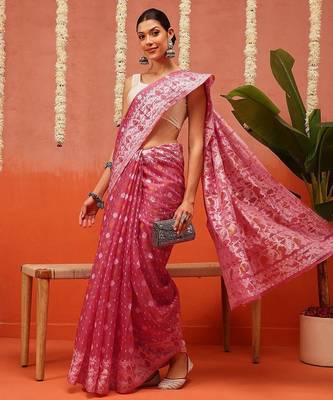 Pink woven cotton blend traditional saree with blouse piece 4