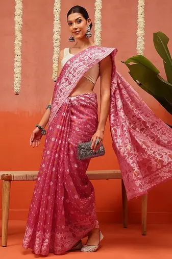 Pink woven cotton blend traditional saree with blouse piece