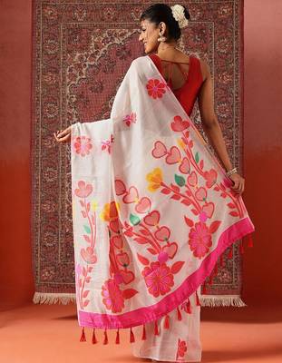 White printed cotton blend ethnic saree with blouse piece 2