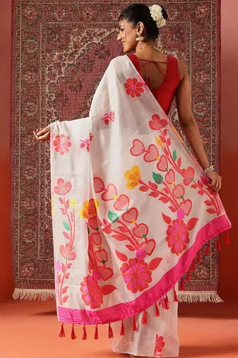 White printed cotton blend ethnic saree with blouse piece