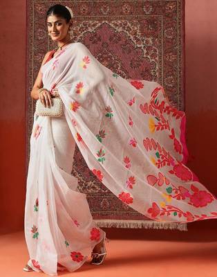 White printed cotton blend ethnic saree with blouse piece 3