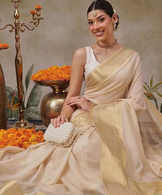 Beige plain silk blend ethnic saree with blouse piece 1