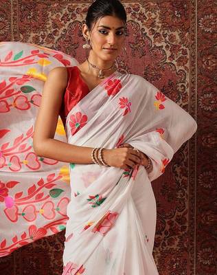 White printed cotton blend ethnic saree with blouse piece 4