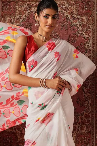 White printed cotton blend ethnic saree with blouse piece