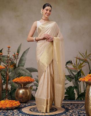Beige plain silk blend ethnic saree with blouse piece 2