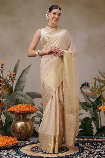 Beige plain silk blend ethnic saree with blouse piece