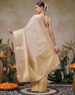 Beige plain silk blend ethnic saree with blouse piece 3