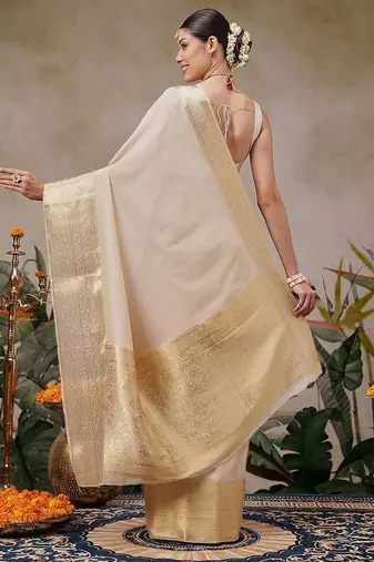 Beige plain silk blend ethnic saree with blouse piece