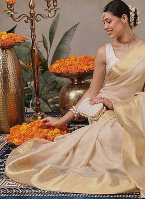 Beige plain silk blend ethnic saree with blouse piece 4