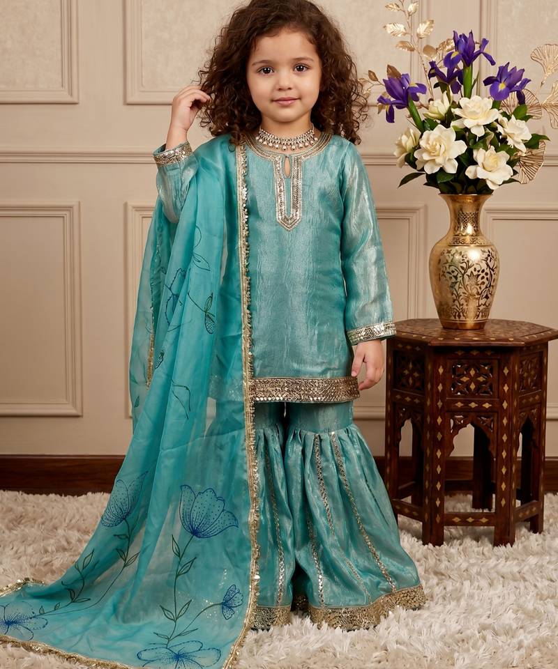 sky blue fendi silk with heavy embroidery sequence work - designer party wear