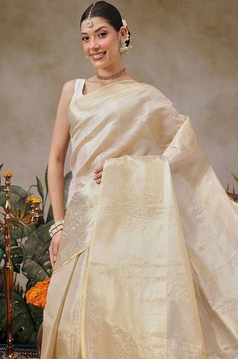 Beige woven silk blend ethnic saree with blouse piece