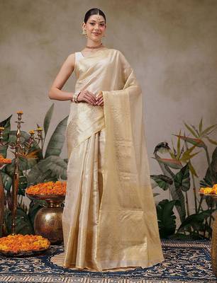 beige woven silk blend saree with blouse 2