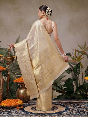 beige woven silk blend saree with blouse 3