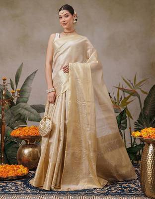 beige woven silk blend saree with blouse 4