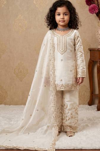 off white pure gmy silk salwar suit set with heavy embroidery 3 mm sequence & coding dori work - designer party wear