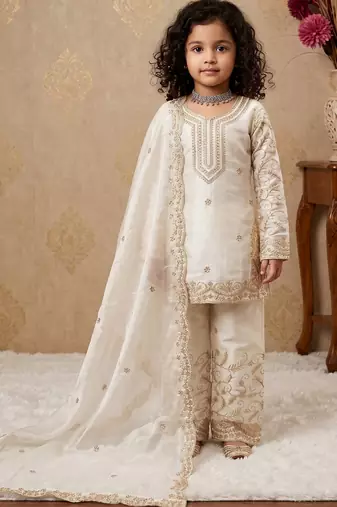 off white pure gmy silk salwar suit set with heavy embroidery 3 mm sequence & coding dori work - designer party wear