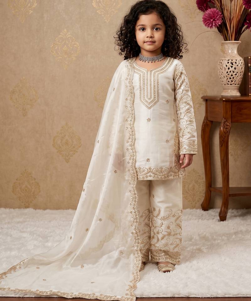 off white pure gmy silk salwar suit set with heavy embroidery 3 mm sequence & coding dori work - designer party wear