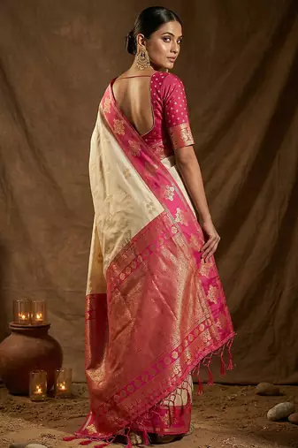 cream banarasi soft silk blend saree for women festive wedding ethnic saree